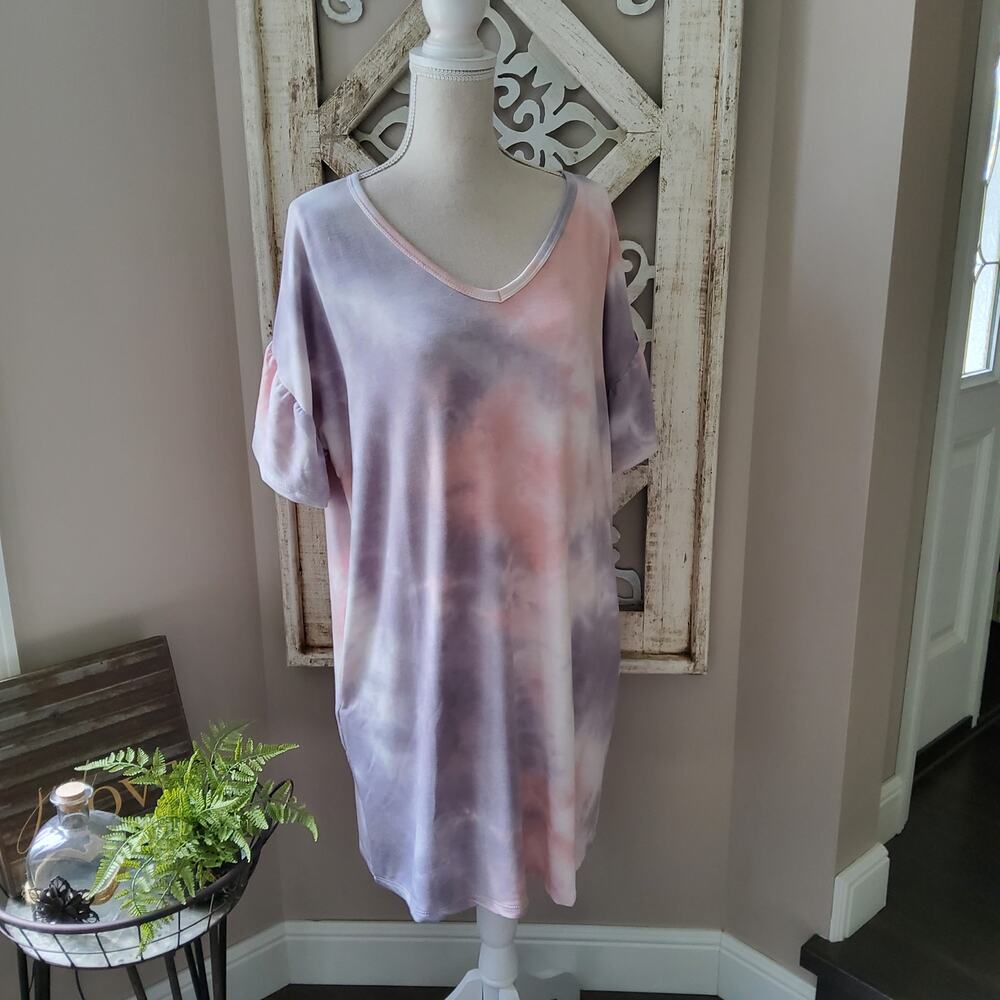 Cherish Women Oversized French Terry Ruffle Sleeve Dress Pockets Pastel Tie Dye